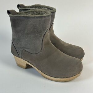 No. 6 Gray Suede Shearling lined clog boots - Ankle Booties with Wooden Heel